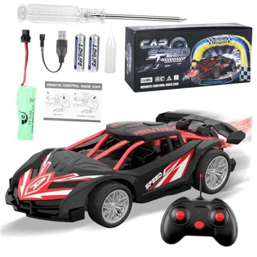 1/18 RC Car for Kids with Rechargeable Battery, LED Lights & Spray – Remote
