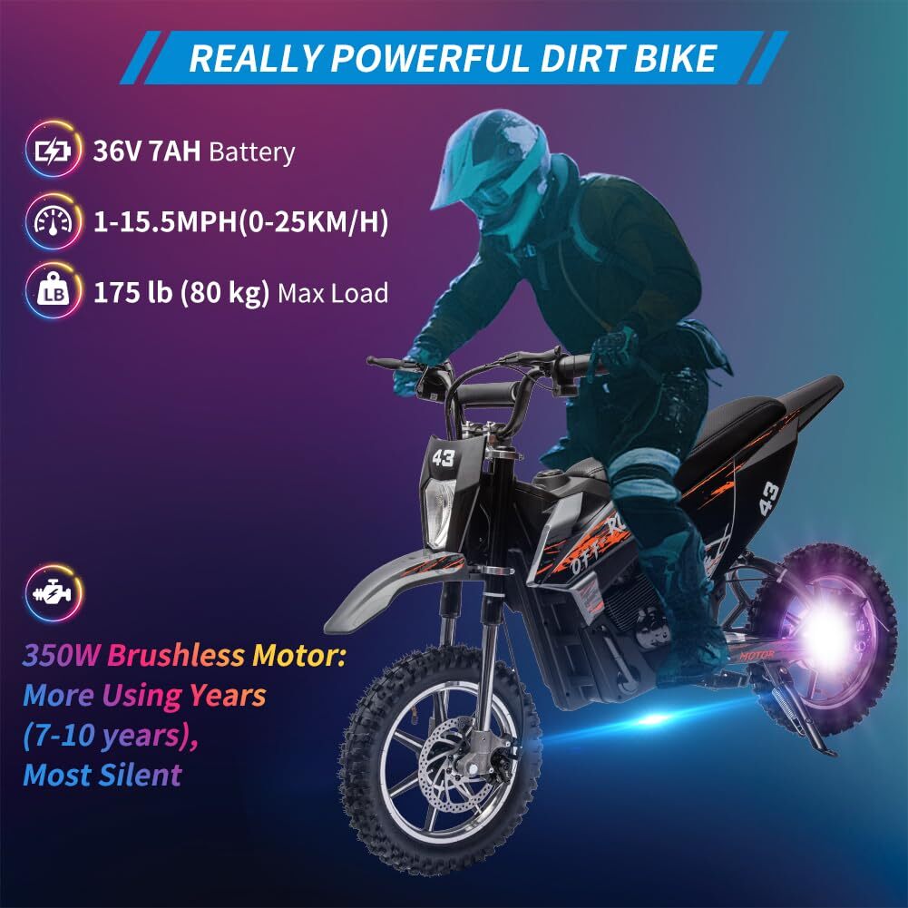 36V Kids Ride on Dirt Bike15.5MPH Fast Speed Electric Battery-Powered LED Light