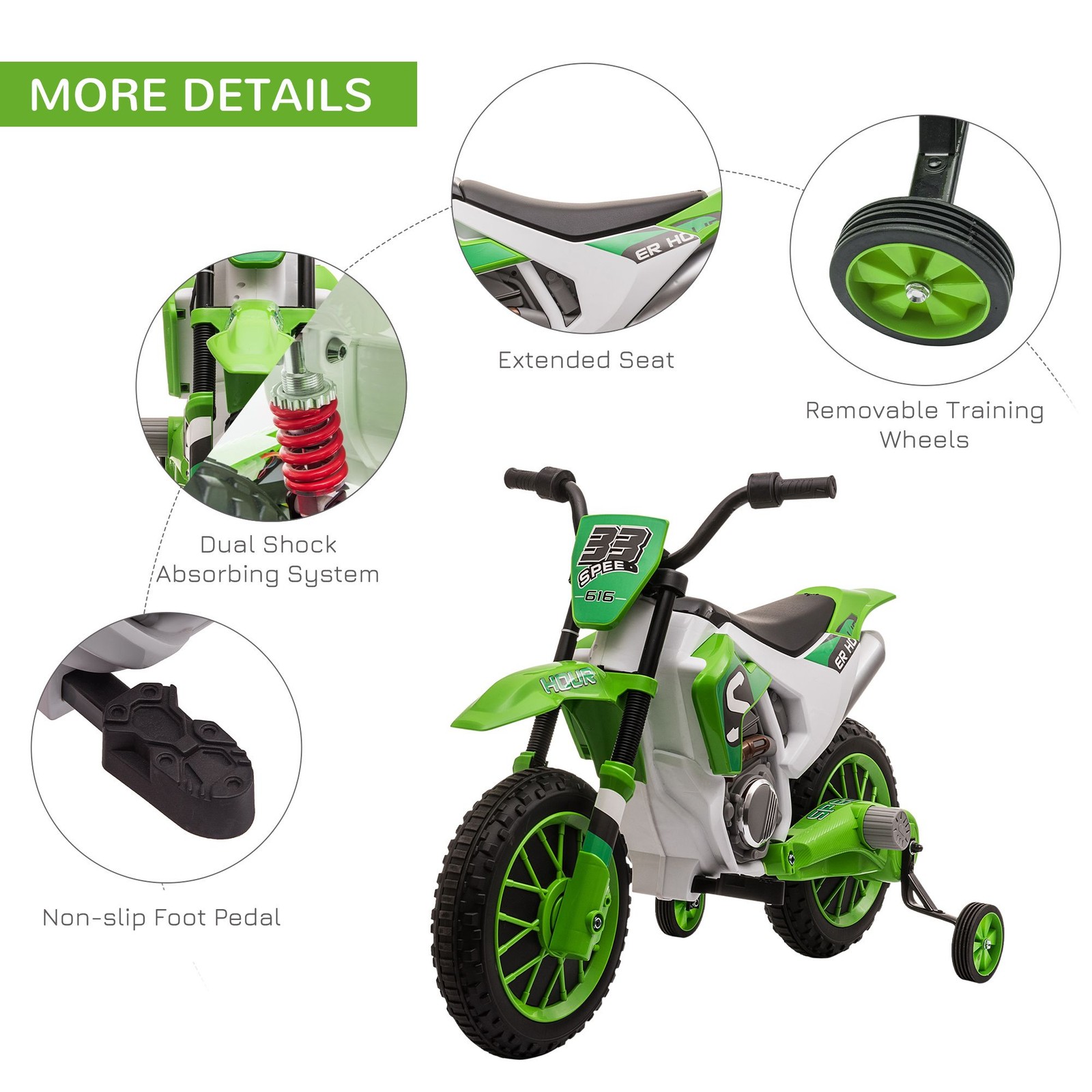 Rechargeable Ride-On Motorbike 12V 66lb Load 3-5 Years Green