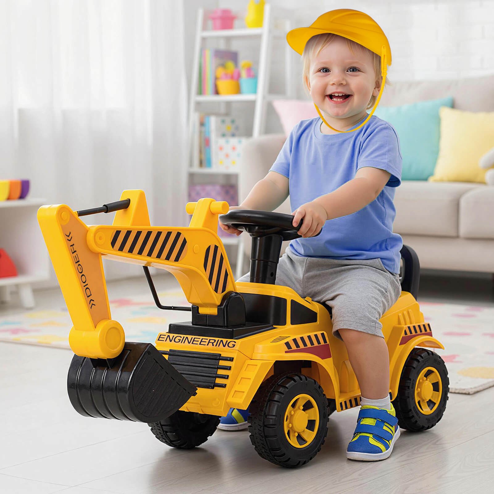Kids Ride on Excavator w/ Adjustable Shovel Anti-Tipping Block Engine Sound