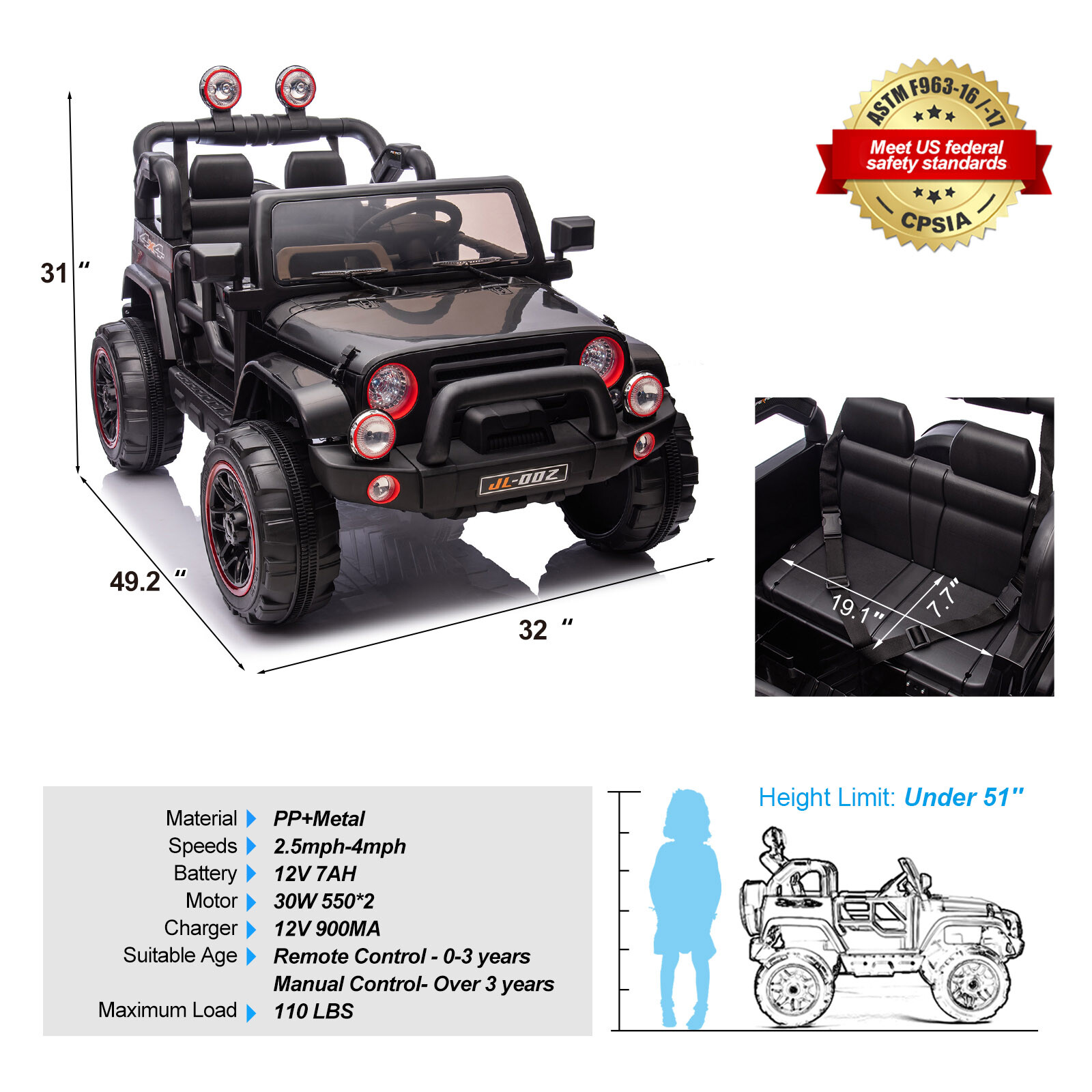 Black 12V Battery Kids Ride On Car Truck 3 Speeds Toy LED MP3 w/Remote,Car Cover