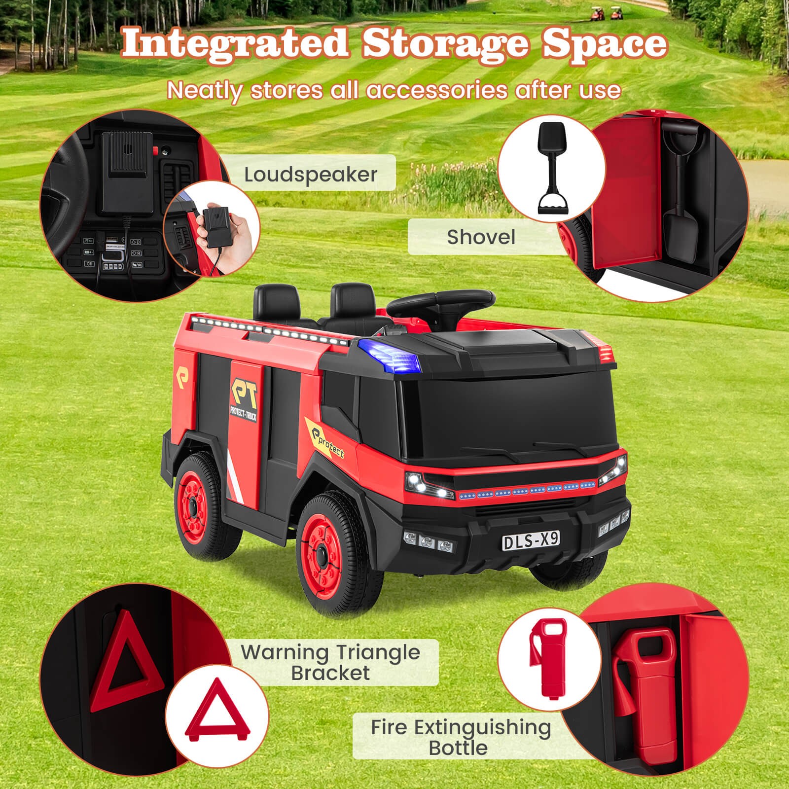 2-Seater Kids Ride on Fire Truck w/Remote Control Water Gun Extinguisher Shovel