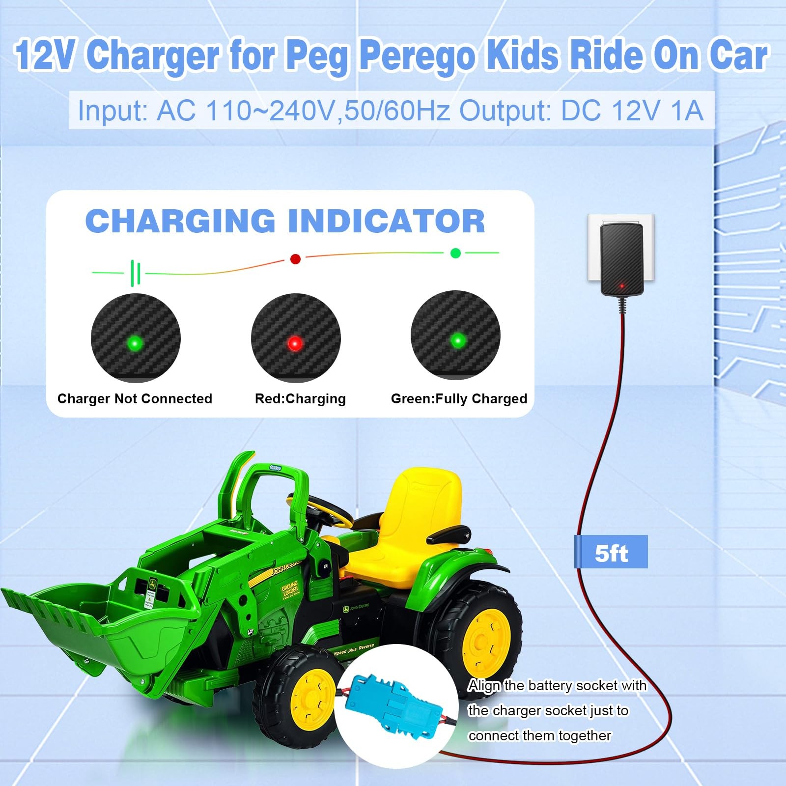 12V Battery Charger for 12V Peg-Perego Battery John Deere Ground Force Tracto…
