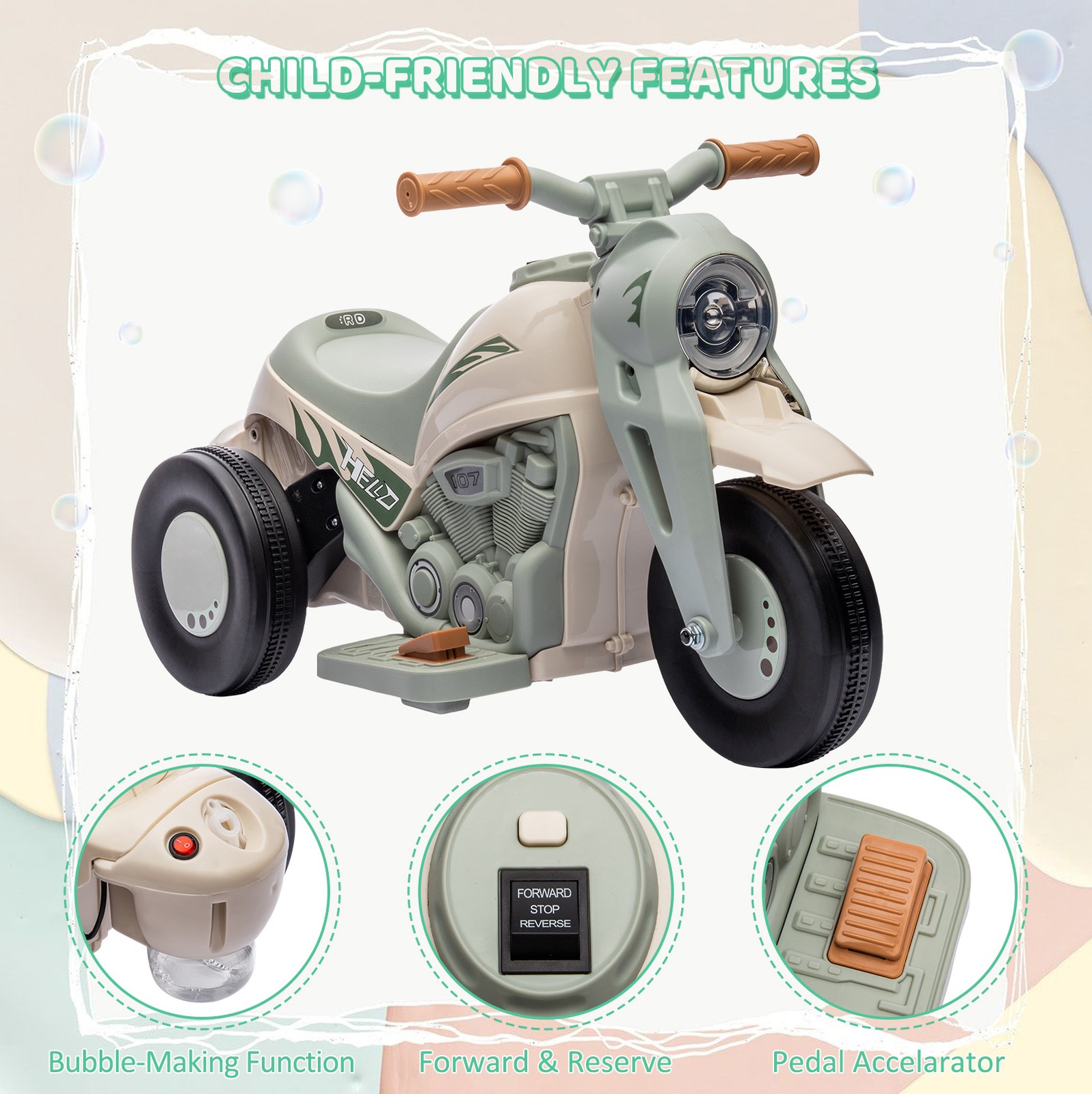 Garvee Kids 3 Wheels Motorbike 6V Ride on Bubble Car Electric Motorcycle Toys
