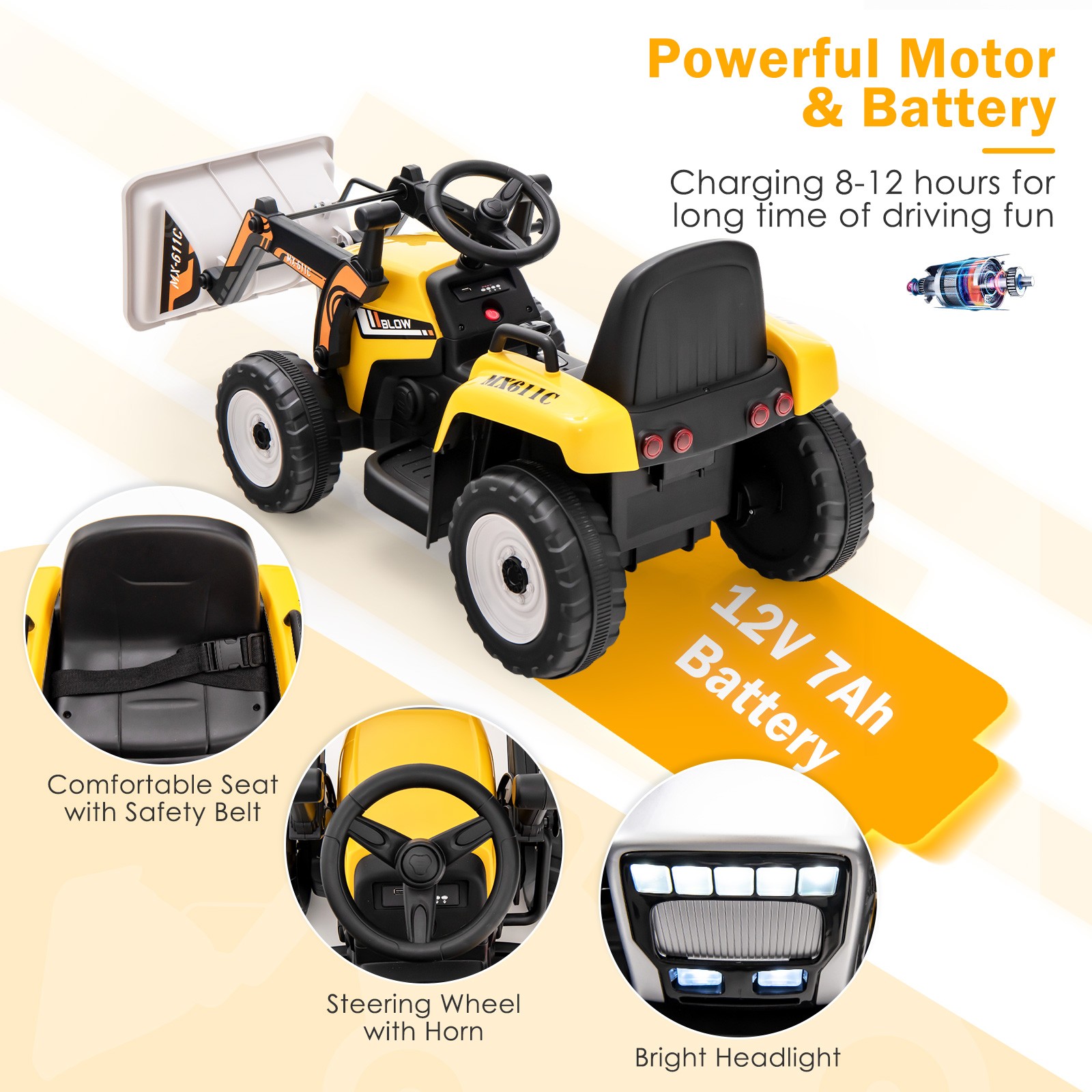 Kids Ride On Excavator Digger 12V Electric Tractor RC w/ Digging Bucket Yellow