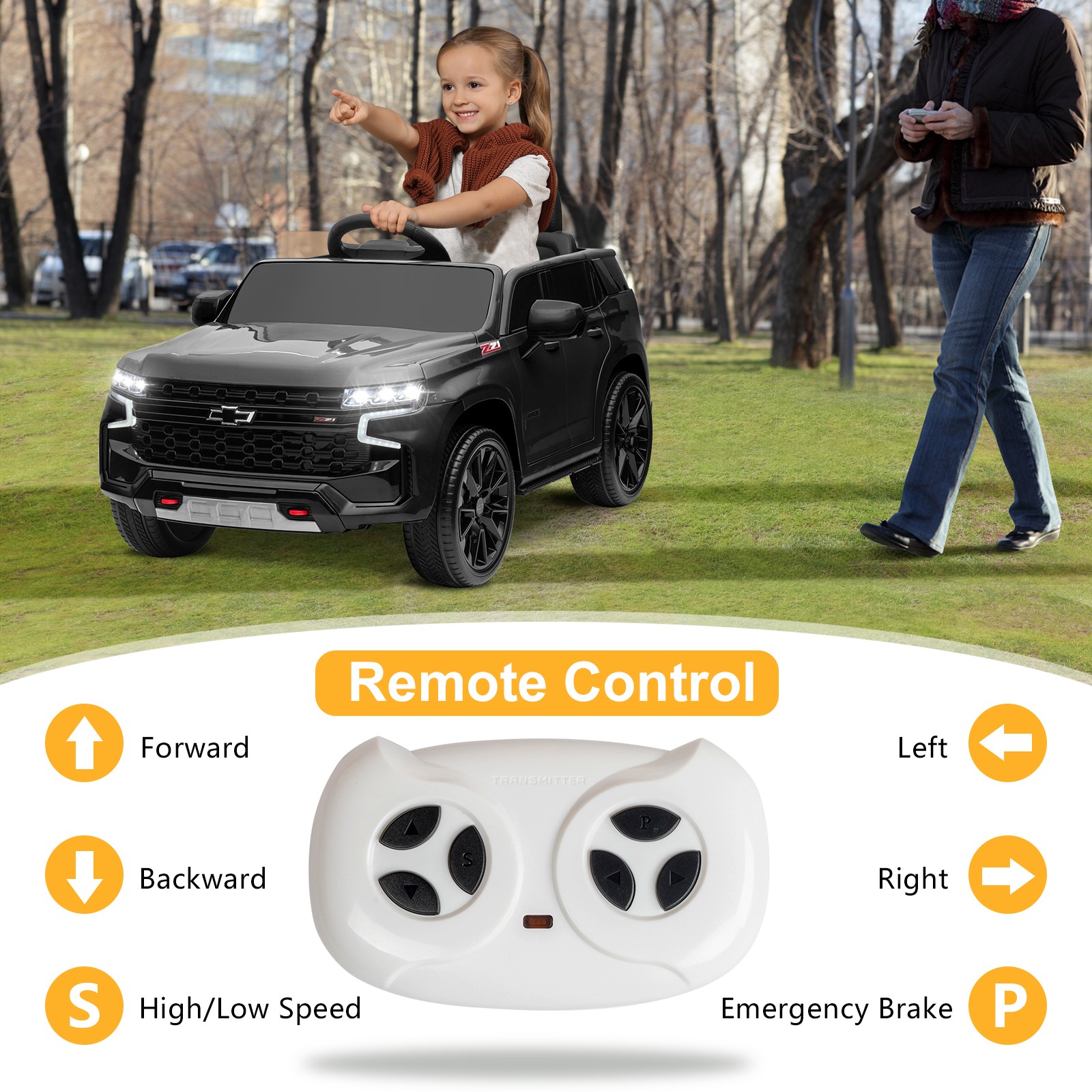 Licensed Chevrolet Tahoe Ride on Car Toys w/Parent Remote, 3 Speeds, LED Lights
