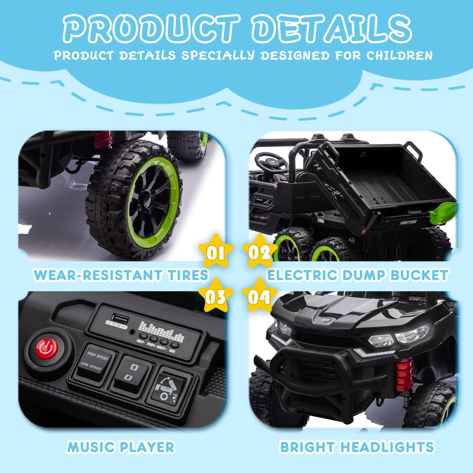 24V Kids Ride on Toy Electric Dump Truck 2 Seater Power Wheels UTV w/Remote,LED