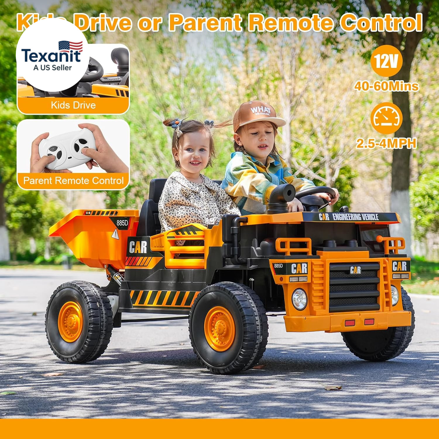 2-Seater Electric Ride on Truck Toy Car Construction Vehicle for Boys, 12V Kids
