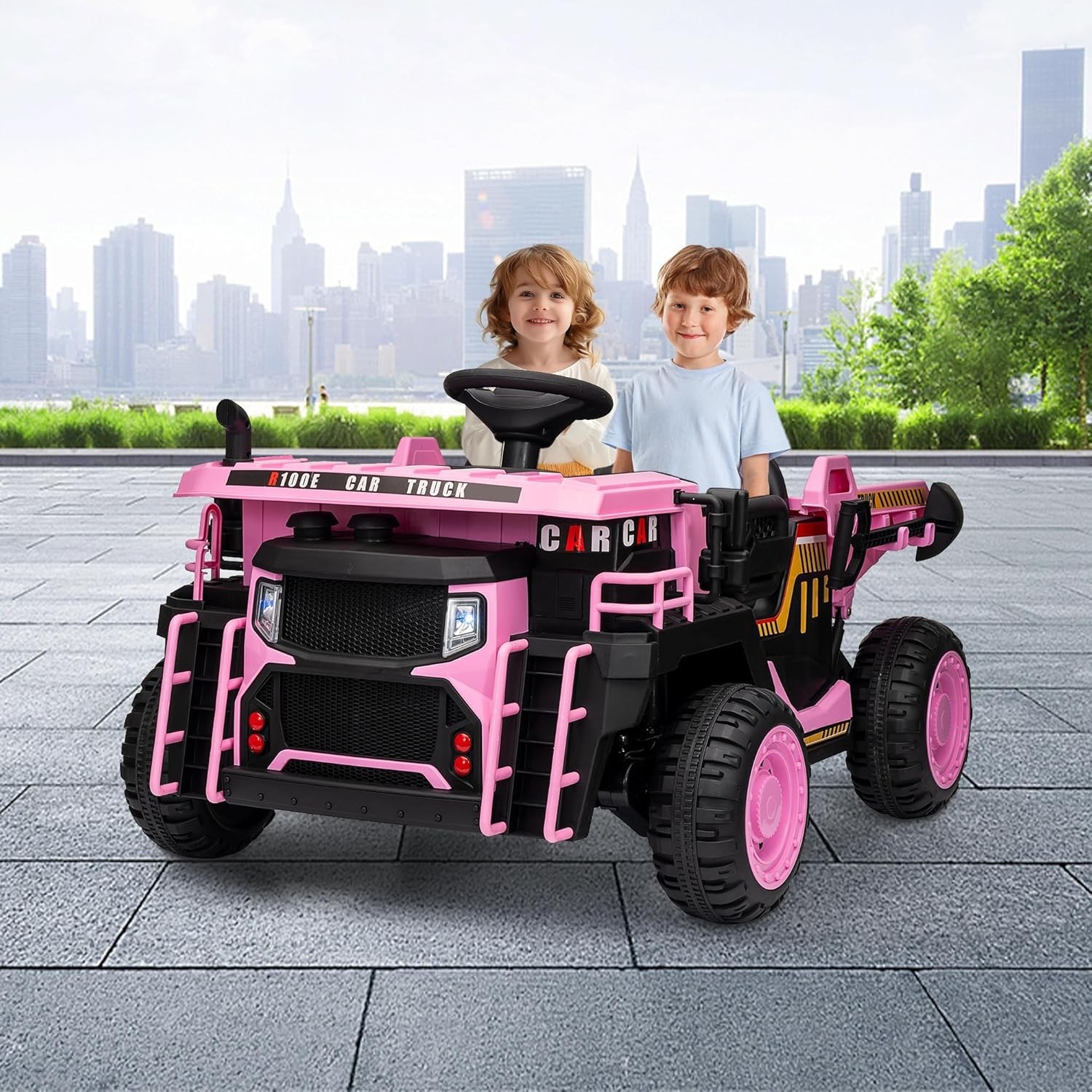 24V Kids Dump Truck, 4.4MPH 4WD + Remote Shock Absorption & LED Lights, 2 Seater