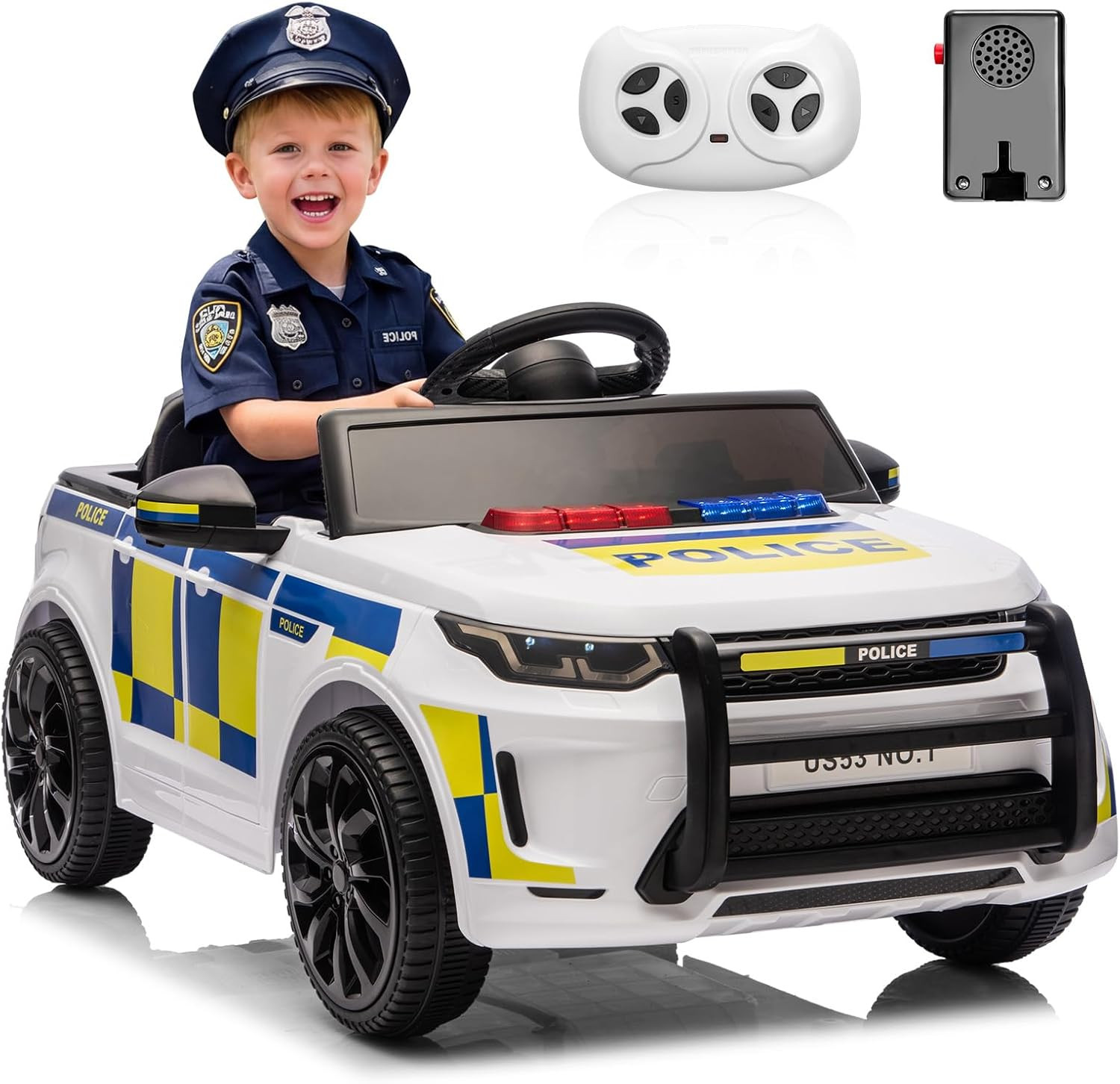 Electric Cars for Kids, 12V Police Car Ride on Toy W/Remote Control, Speaker, Wa
