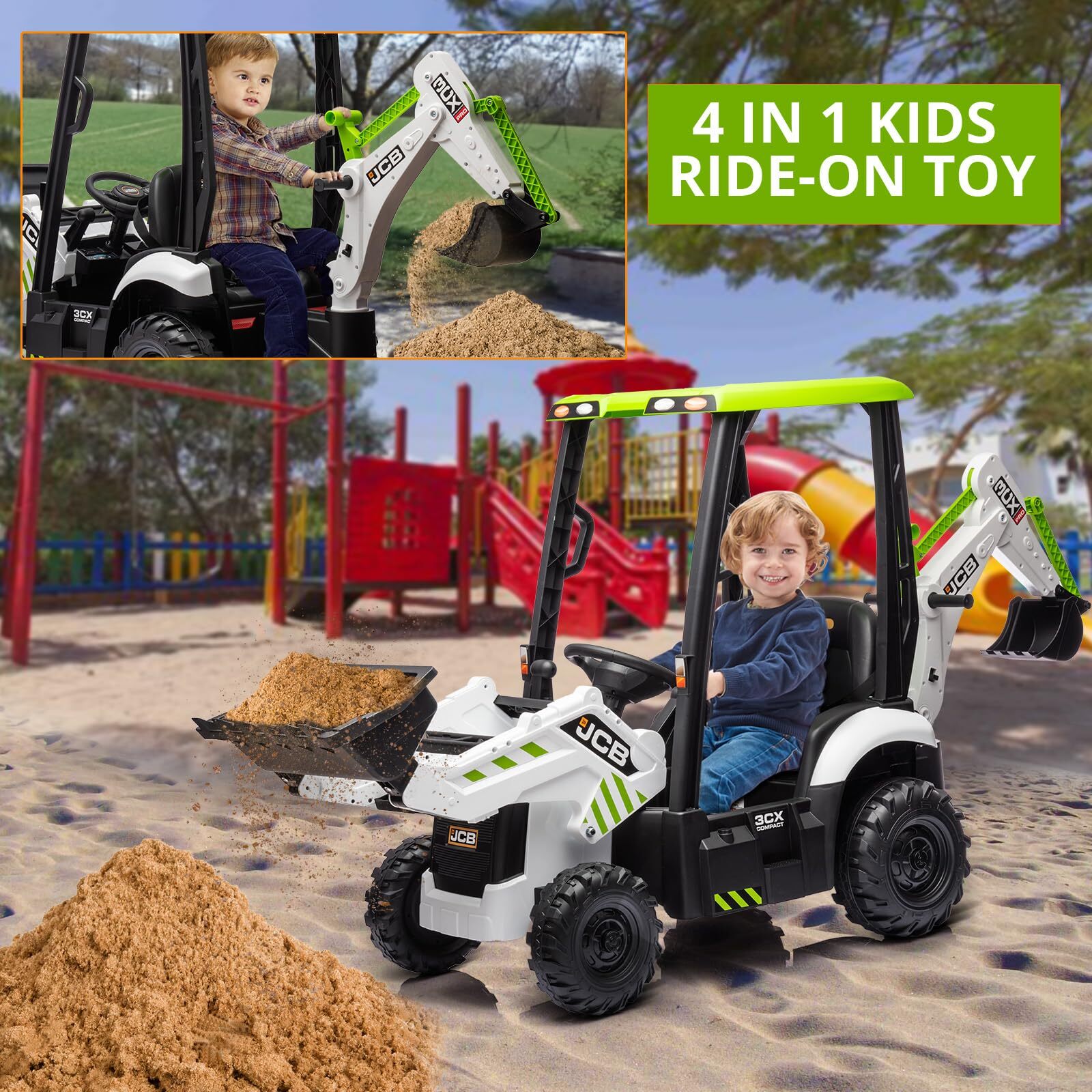 🍒4 in 1 Ride On Toys Excavator & Bulldozer 12V Kids Electric Vehicle with Remot