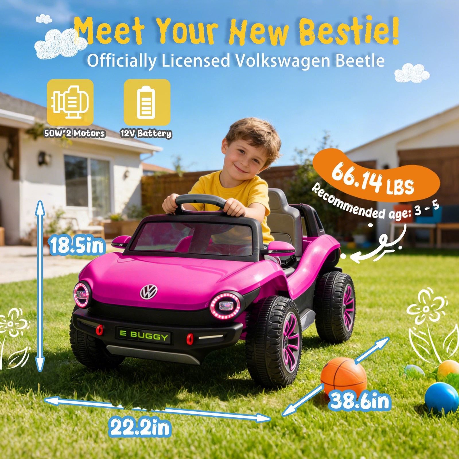 12V Licensed Volkswagen Beetle Kids Ride On Electric Car Speeds 1.5-2.5MPH Pink