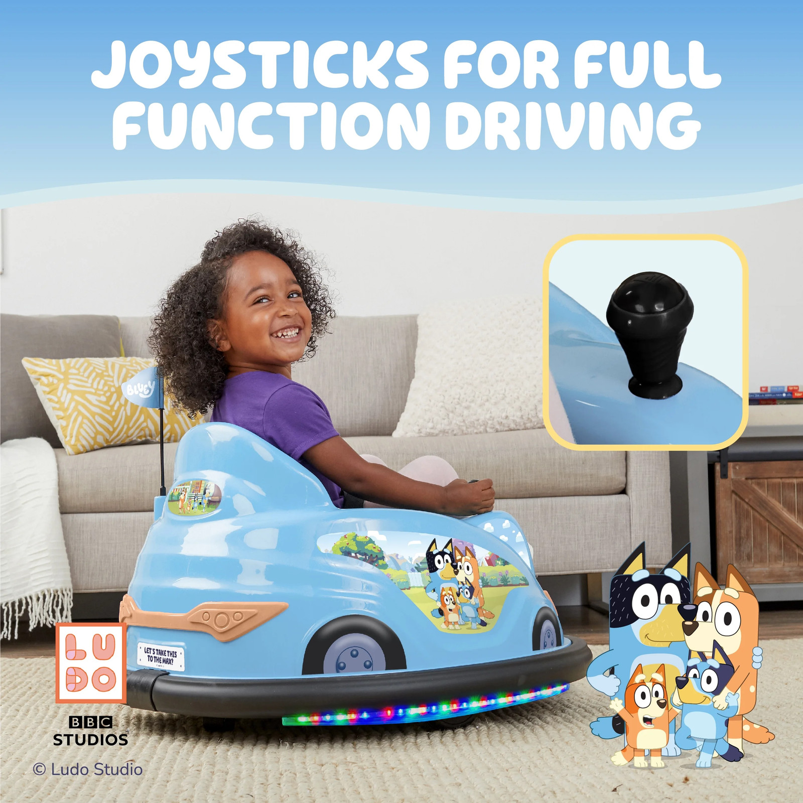 Bluey 6V Bumper Car Ride-On Toy – Kids 18m-4y, 66 lb, LED Lights, 360° Spins