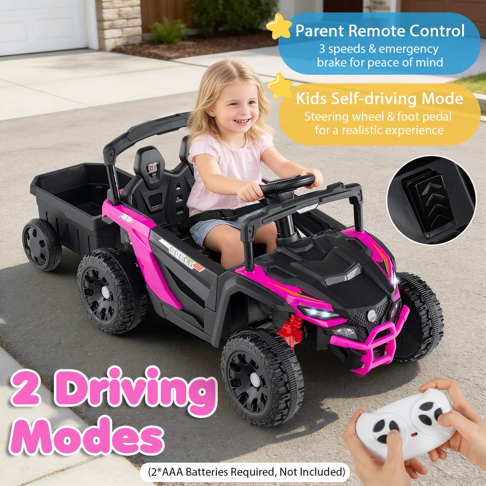 12V Kids Ride On UTV w/Detachable Trailer, Remote Control, 3 Speeds, LED Lights