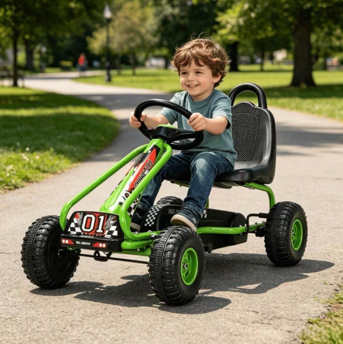 Pedal Go Kart, 4-Wheel Pedal Powered Ride On with Adjustable Seat, Handbrake