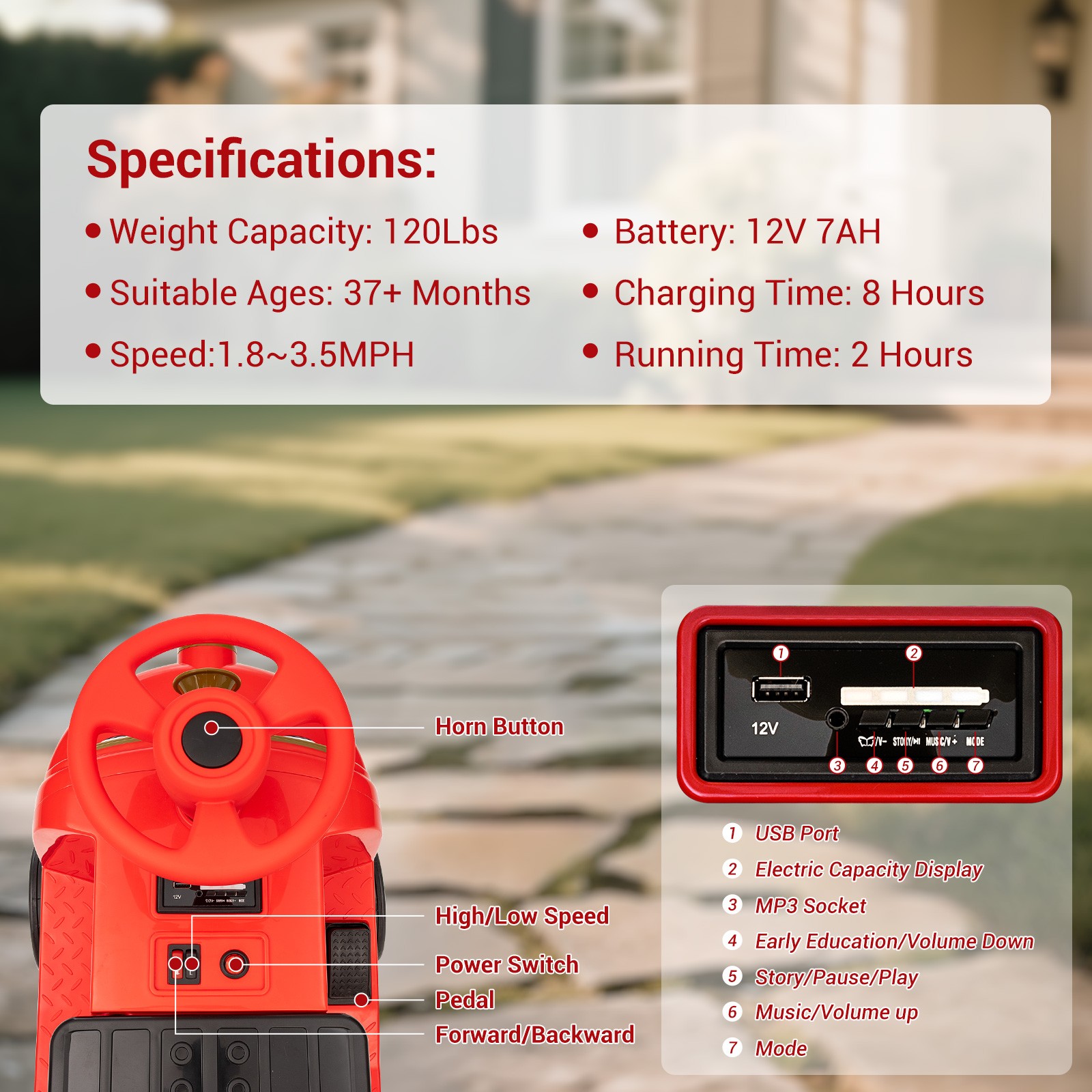 12V Kids Ride On Car 2-Seater Electric Toy Train Trackless Battery Powered Gift