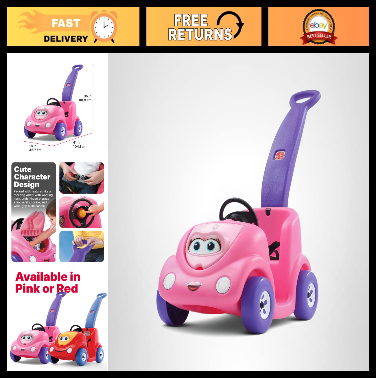 Kids Push Car Buggy Ride-On Toy with Seat Belt & Horn, Durable Plastic, 50 lbs M