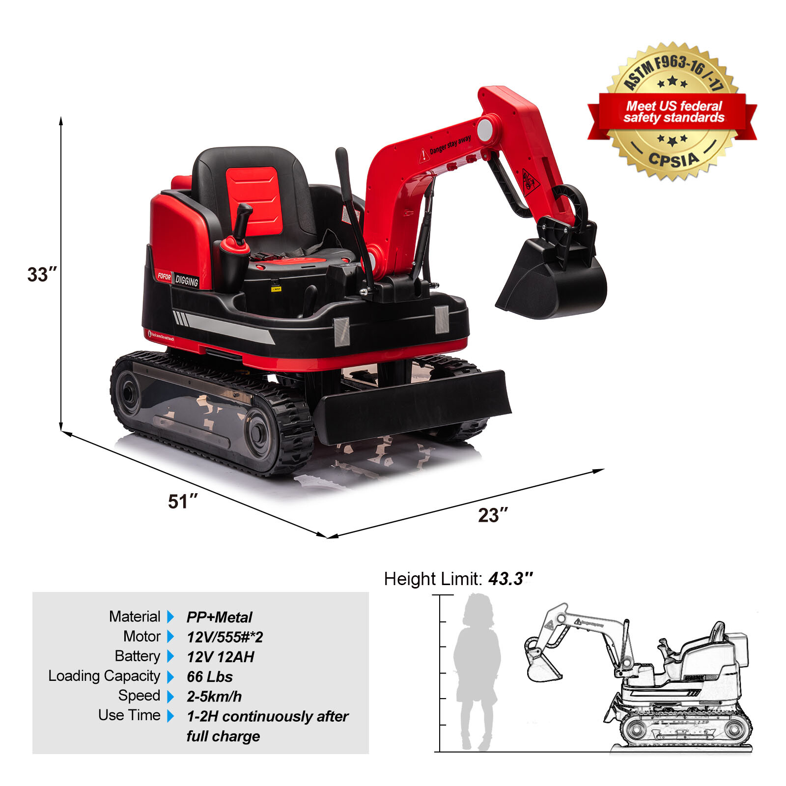 2IN1 12V 360° Kids Red Ride on Traxcavator Excavator Toys with Remote Control