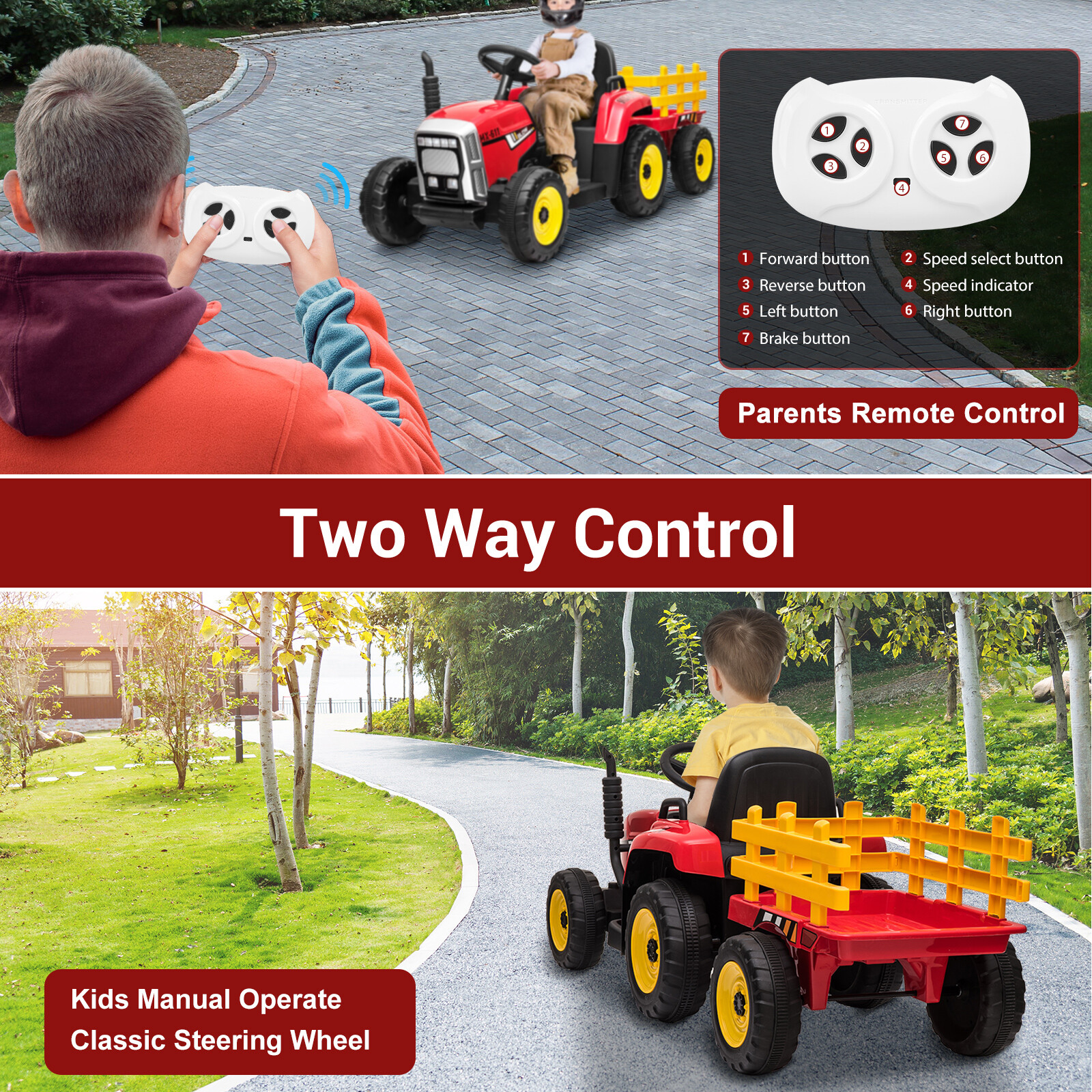 12V Kids Ride On Tractor Car with Trailer Electric Vehicle Toy w/ RC LED MP3 Red