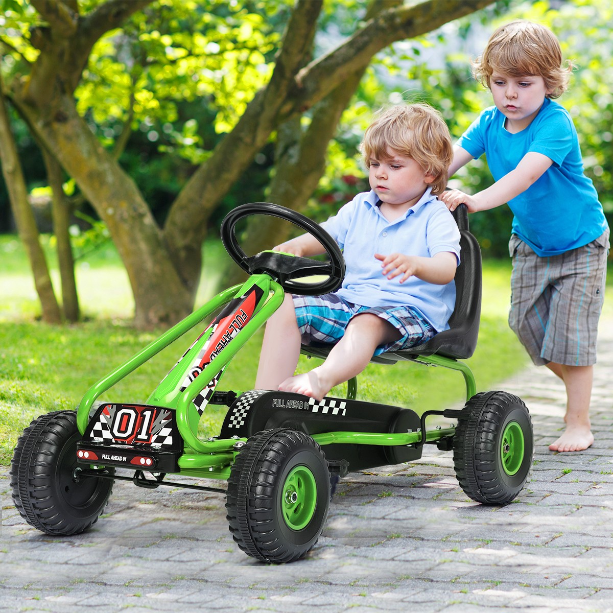 Kids Pedal Go Kart 4 Wheel Ride On Toys w/ Adjustable Seat & Handbrake Green