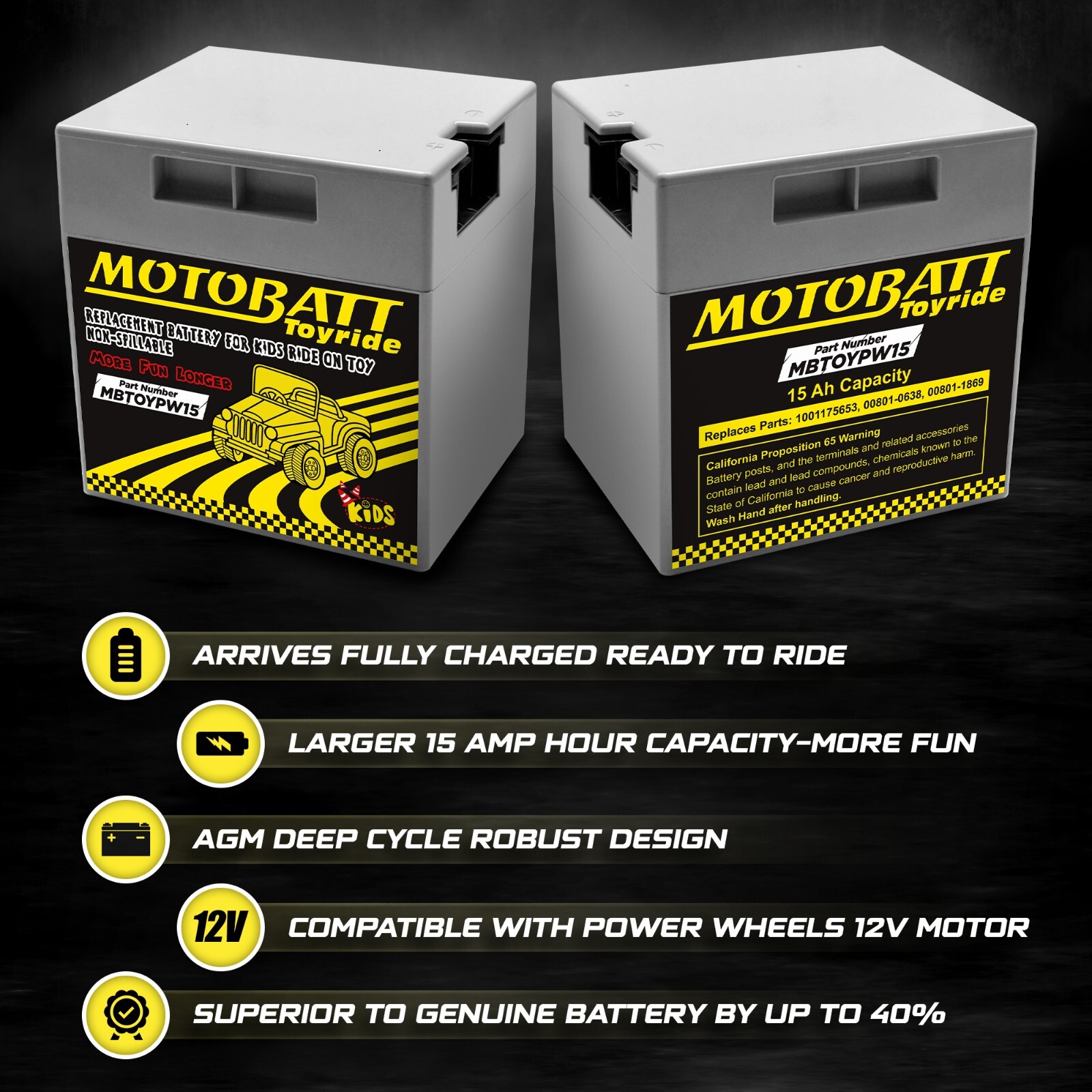 MotoBatt MBTOYPW15 Powerwheels Ride-On Toy Replacement Battery 12-Volt 15-Ah AGM