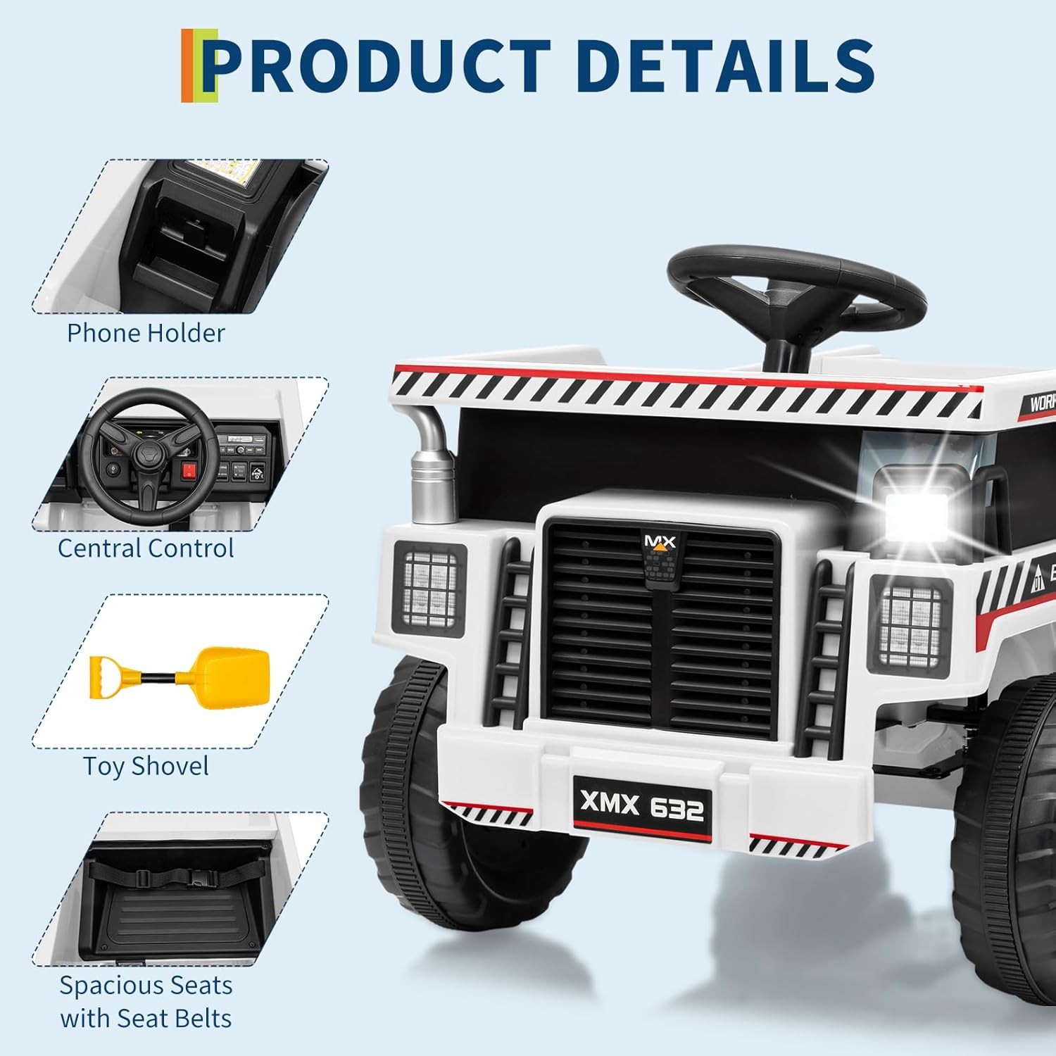 12V Ride On Dump Truck w/ Remote, Auto-Dump Bed, Shovel & Music for Kids 3-8
