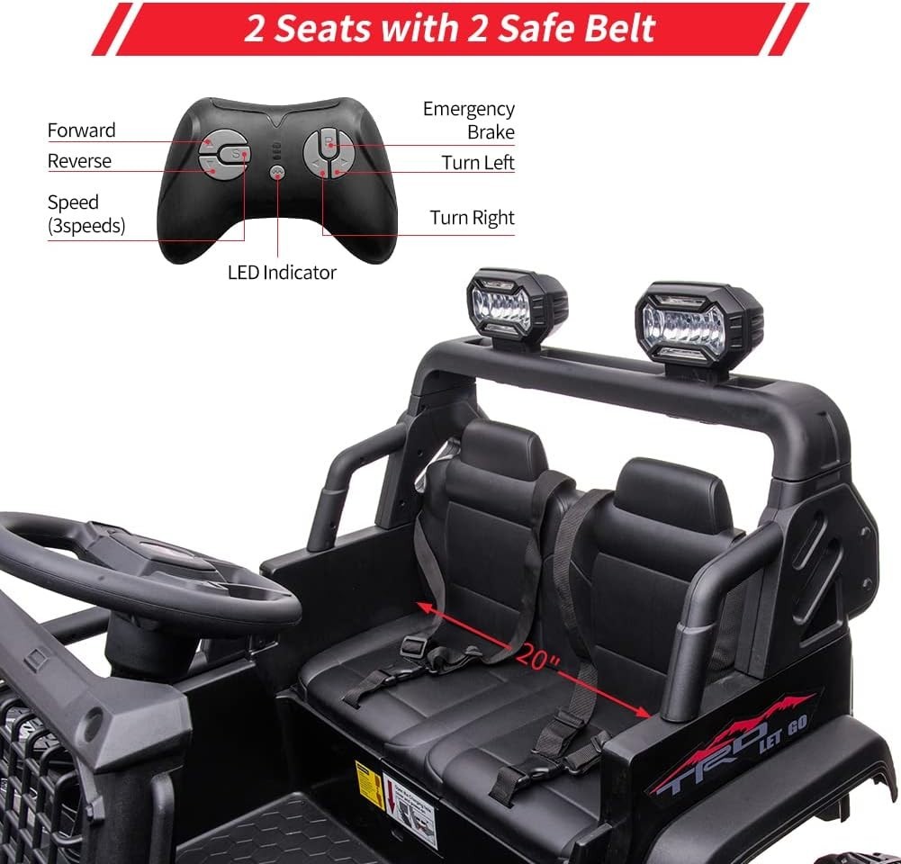 2-Seater Kids Electric Car, Remote Control, 20″ Seats, FM Radio – Black