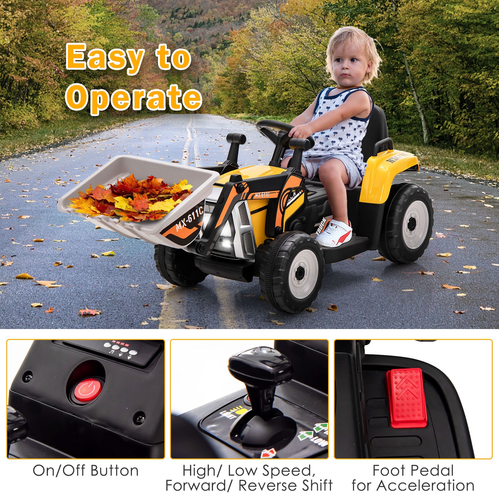 Kids Ride On Excavator Digger 12V Electric Tractor RC w/ Digging Bucket Yellow