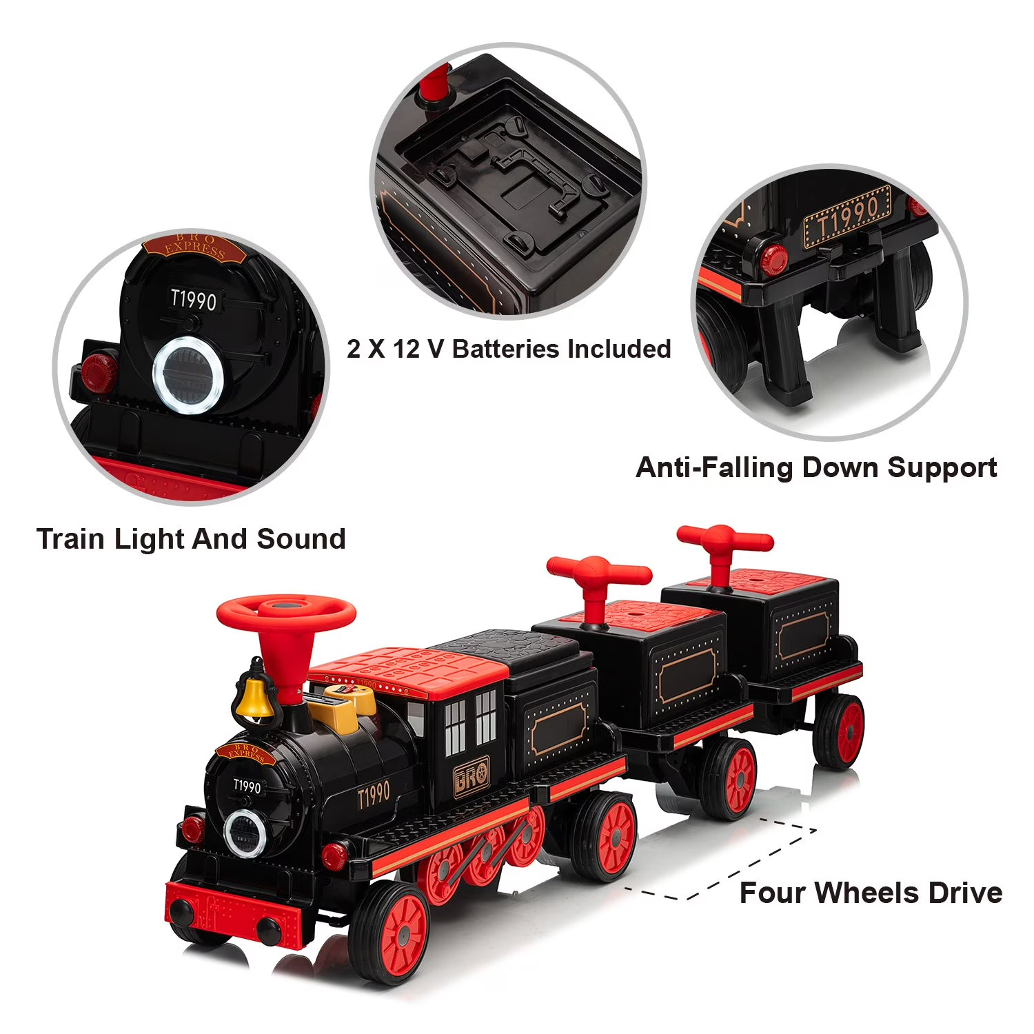 12V Kids Train Ride-On 4 Seats 4 Motors MP3 Player Whistle Headlight Carriages