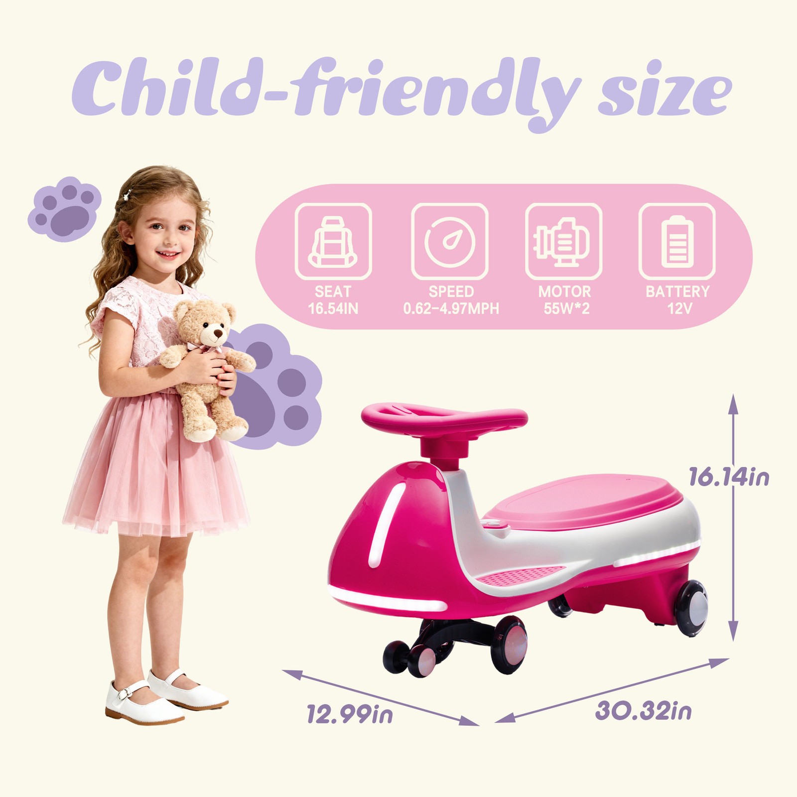 12V Kids Wiggle Car, 2-in-1 Design,LED Lights,PU Wheels,Bluetooth Music,Ages 3-8