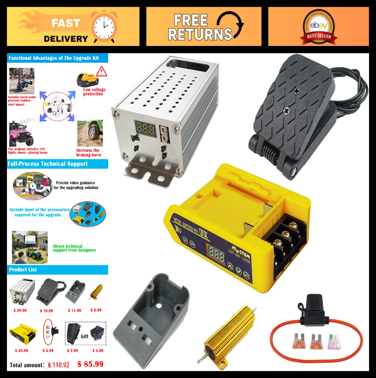 24V Power Wheels Conversion Kit – Low Voltage Protection, DC Motor Speed Control