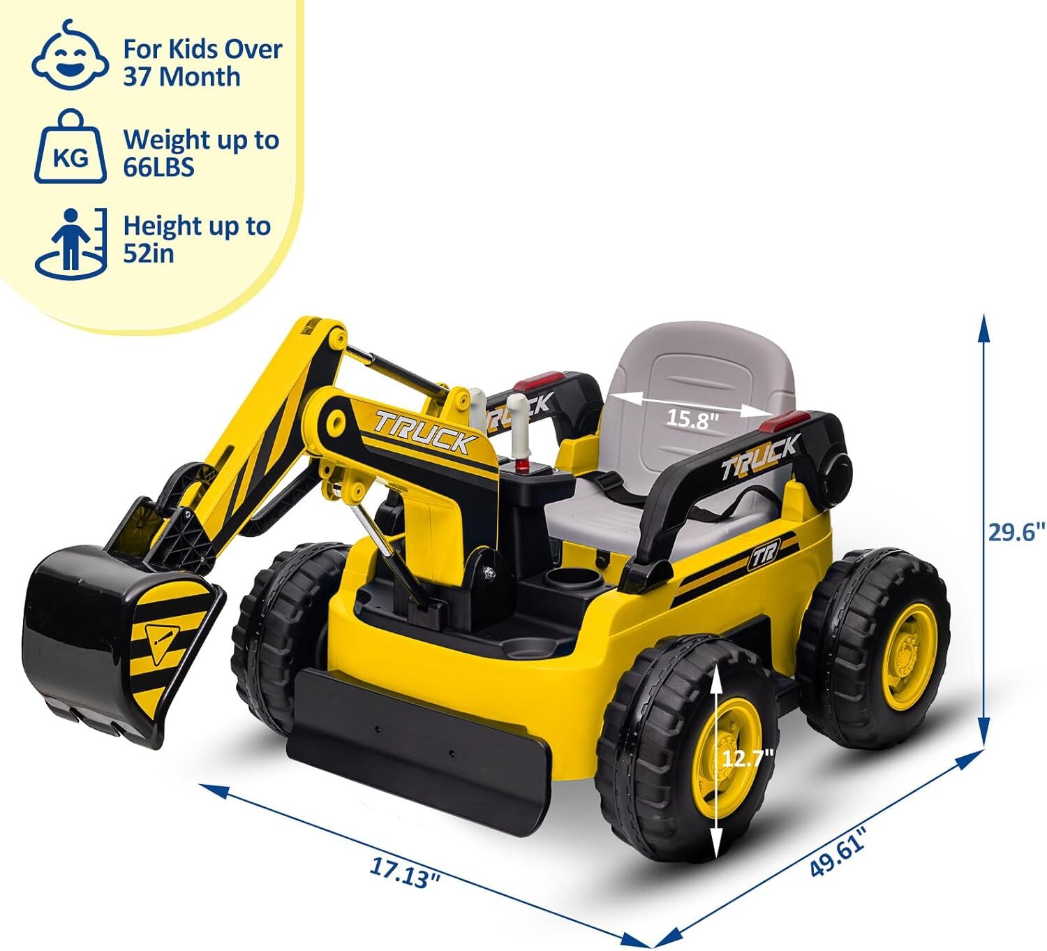 Kids Ride On Excavator, 12V 4WD Battery Powered Sand Digger With Remote Control