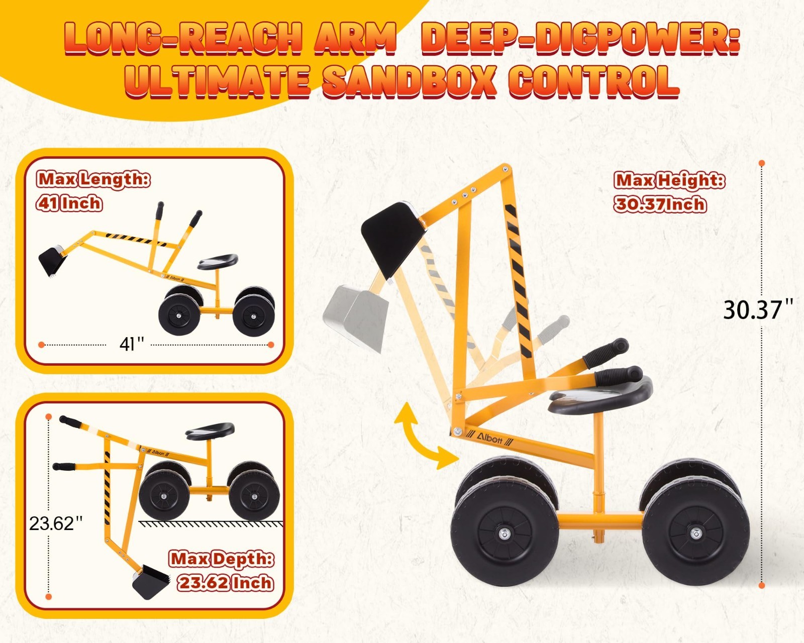 Ride-On Sand Digger Excavator Toy with 360° Rotating Seat & 8″ Wheels – Yellow