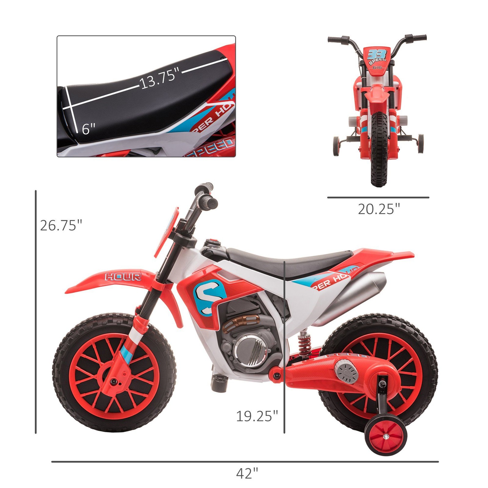 12V Powered Kids Ride-On Motorcycle 42 Length 20.25 Width Red