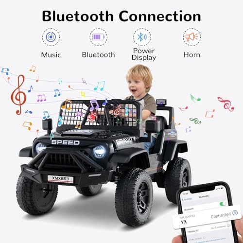 Black 24V Ride-On Car with Bluetooth, LED Lights, Horn, Spring Black
