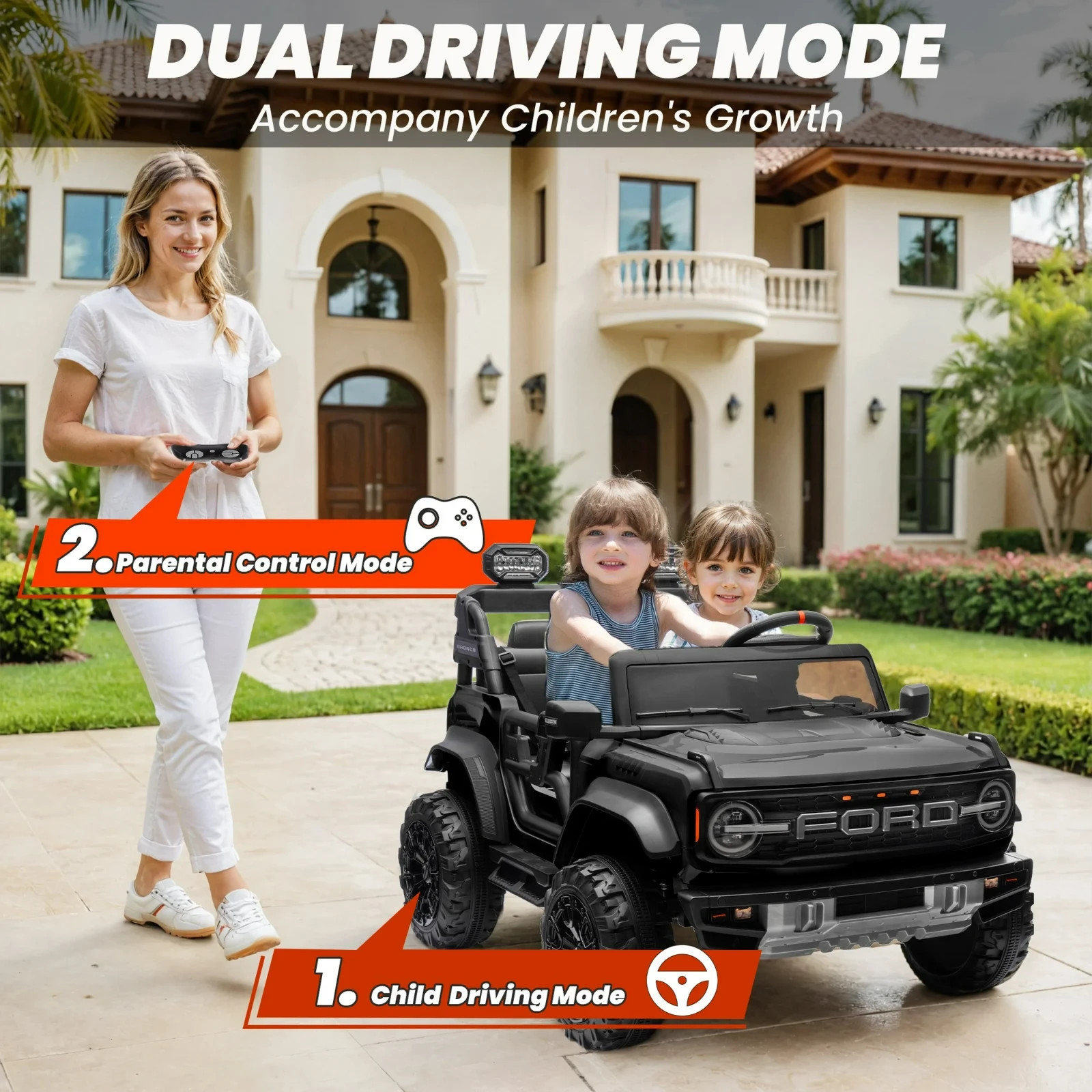 24V 2 Seater Ride on Cars, Licensed Ford Bronco Raptor Powered Ride on toy truck