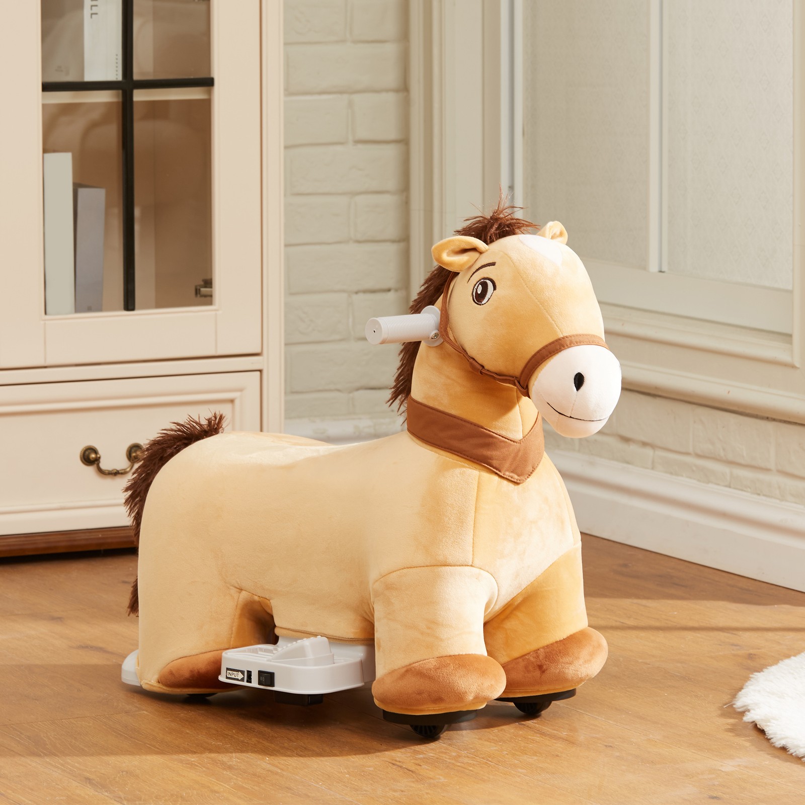 6V Electric Ride on Horse with Music Forward, PU Wheels, Brown