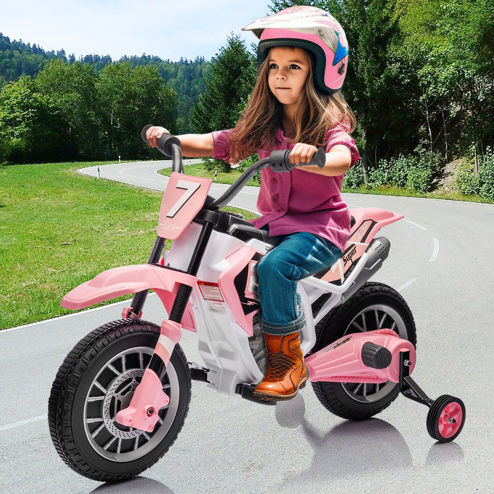 12V Kids Ride On Motorbike Motorcycle Dirt Bike with Music,Training Wheels Pink