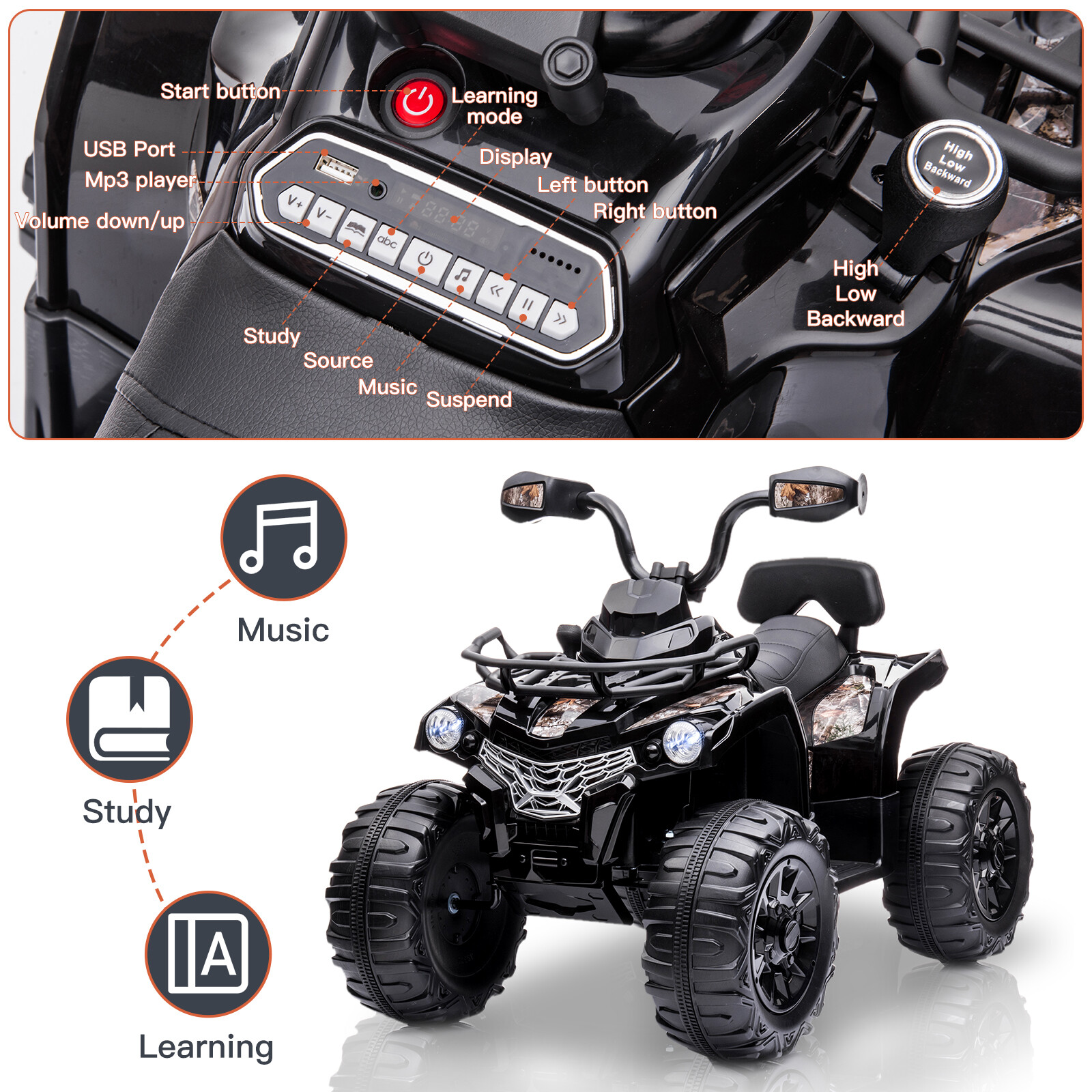 12V Kids Electric Ride On ATV 4-Wheeler Quad Car 2 Speeds w/MP3 & LED Headlights