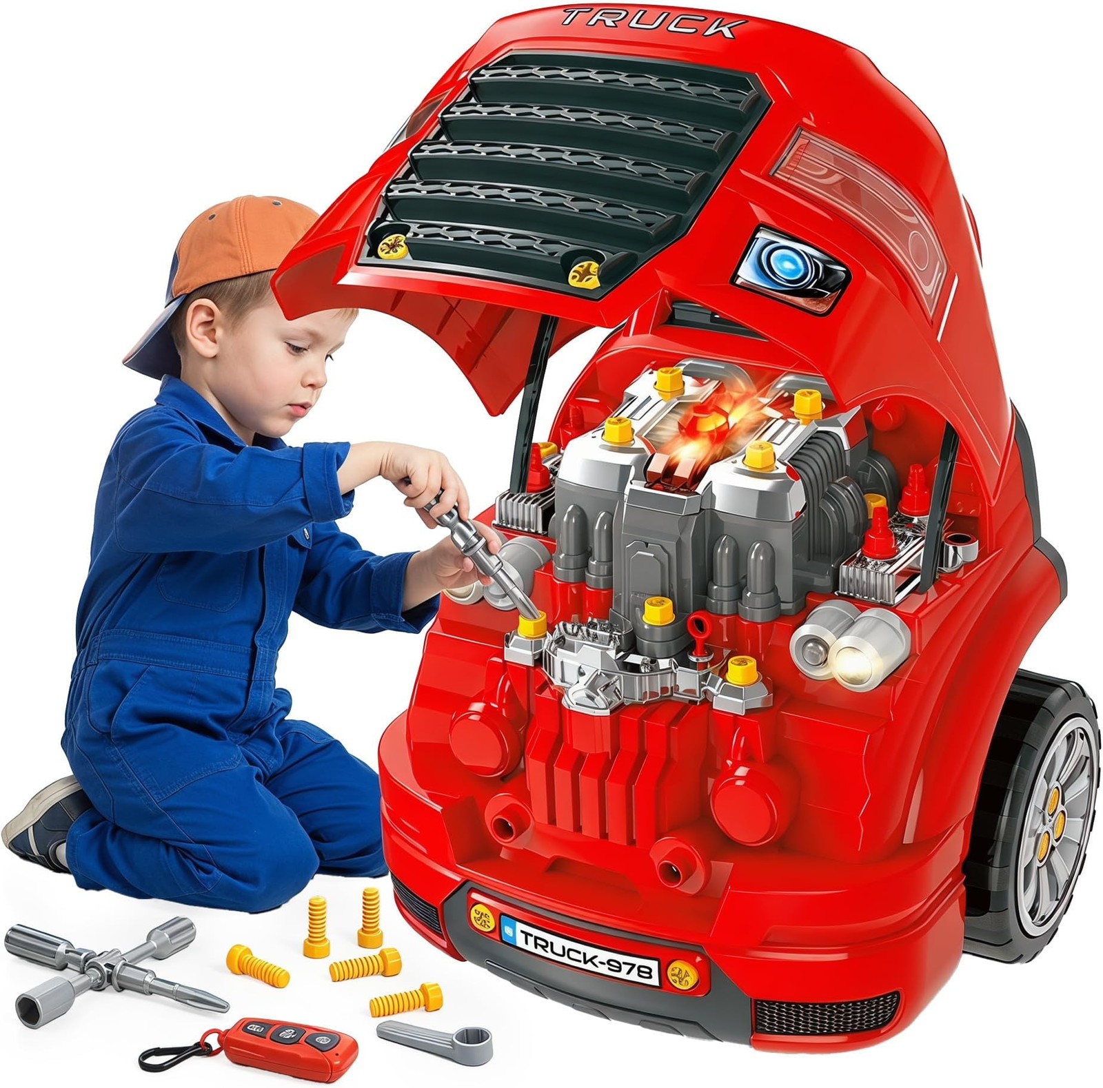 Qaba Truck Engine Toy, Kids Mechanic Set with Lights, Sounds, Steering Wheel …