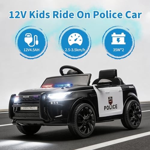12V 4.5Ah Kids Electric Police Car Ride on with Remote Control, LED Black
