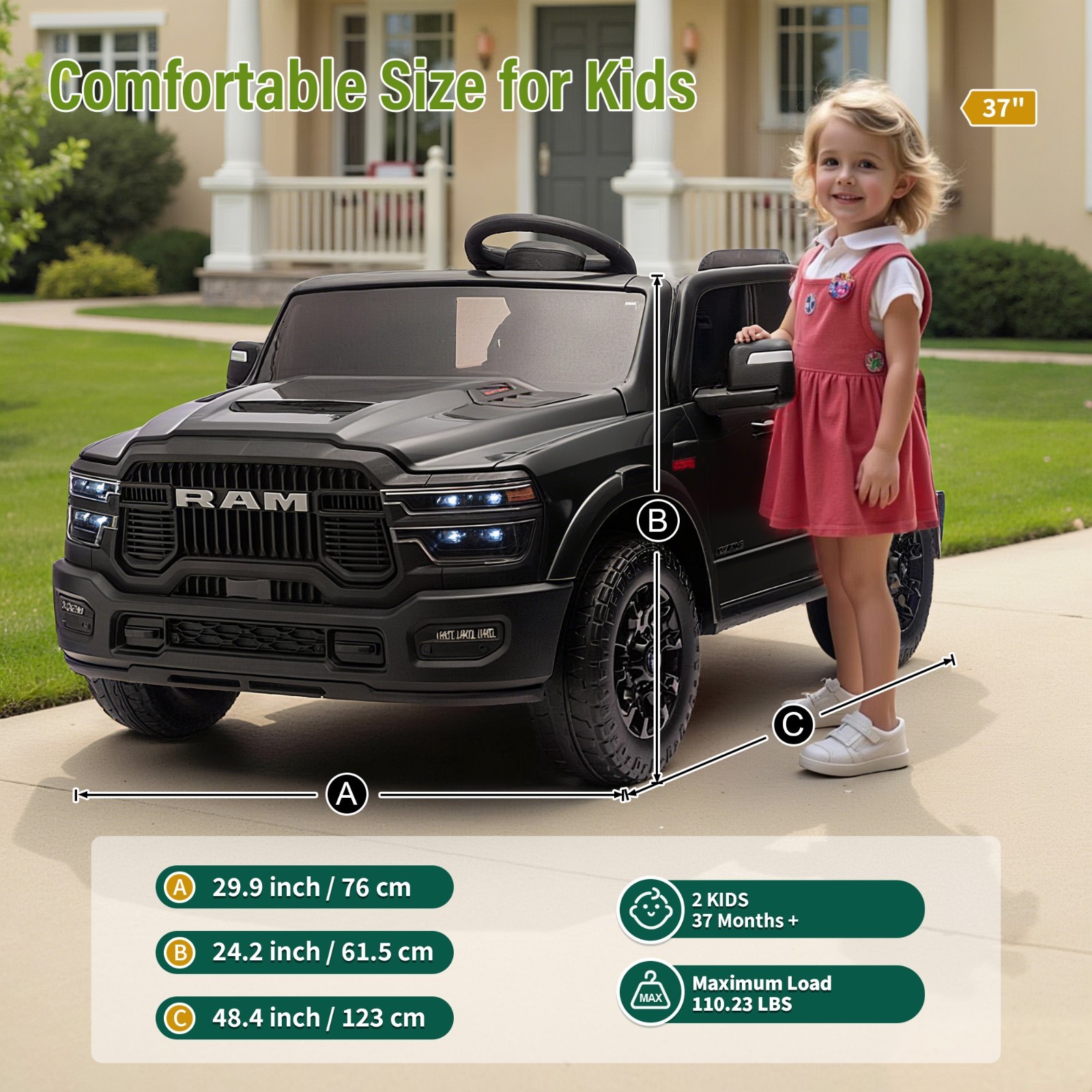 24V Kids Electric Car 2 Seater Ride on Truck w/Remote,Power Wheels Toys, Black