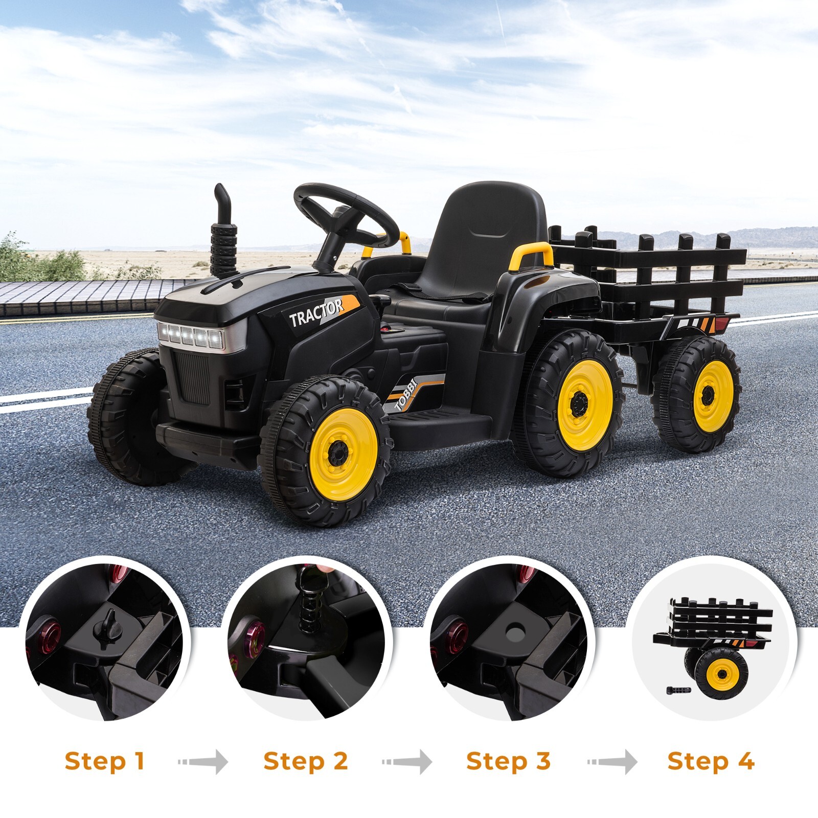 TOBBI 12V Battery-Powered Toy Tractor Ride On Toy with Trailer 35W Dual Motor