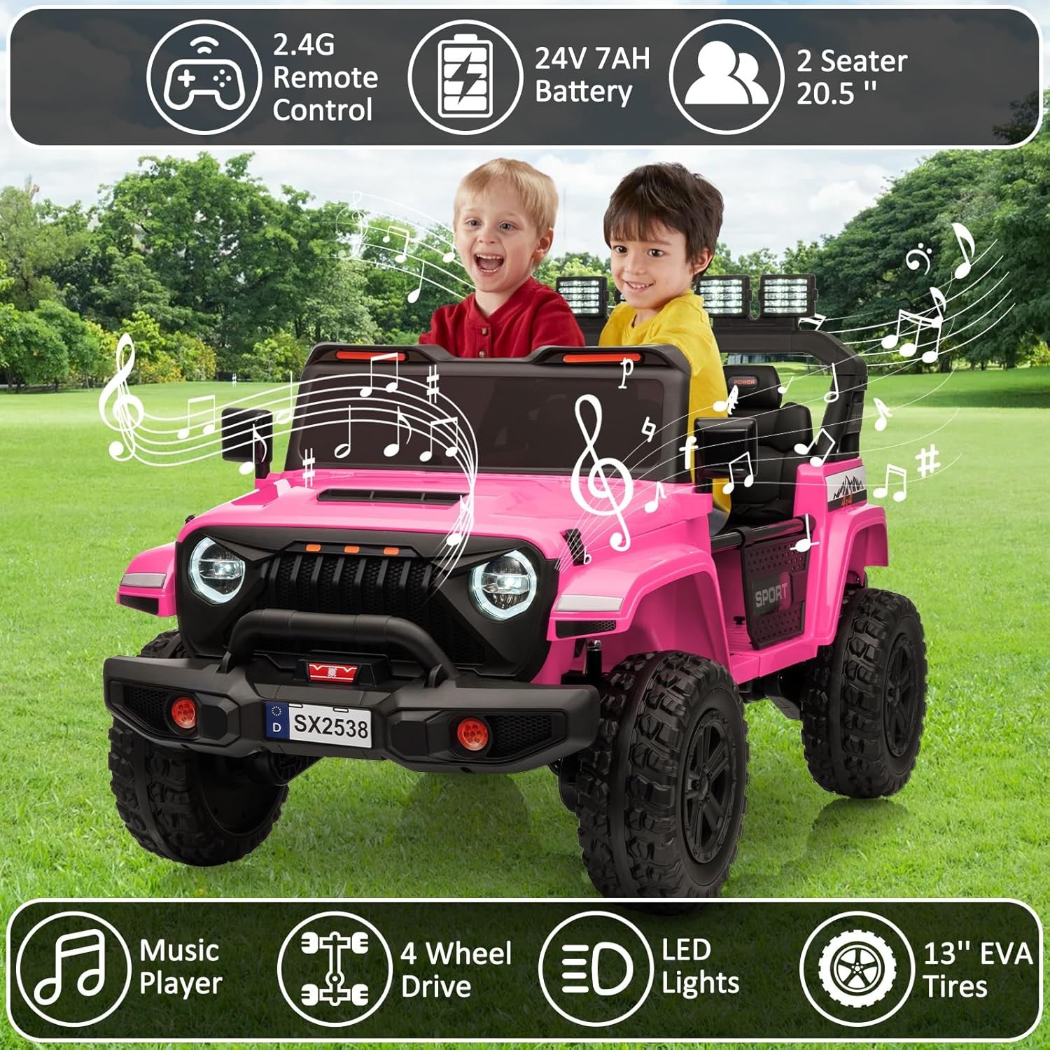 2 Seats 24V Ride On Car 4WD Electric Car Toys for Kids with Remote ＆ 7AH Battery