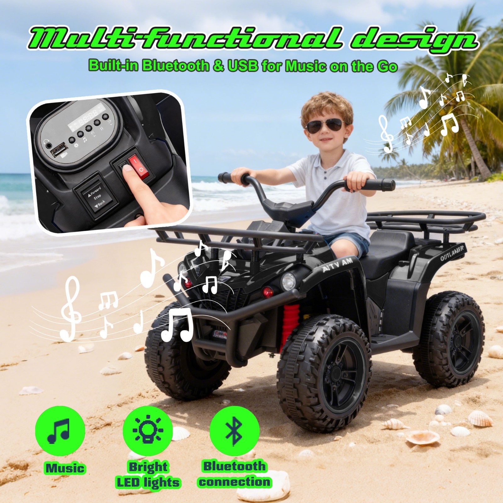 24V Kids Ride On ATV, 160W Off-Road Toys w/LED, Dual Storage Racks,Black