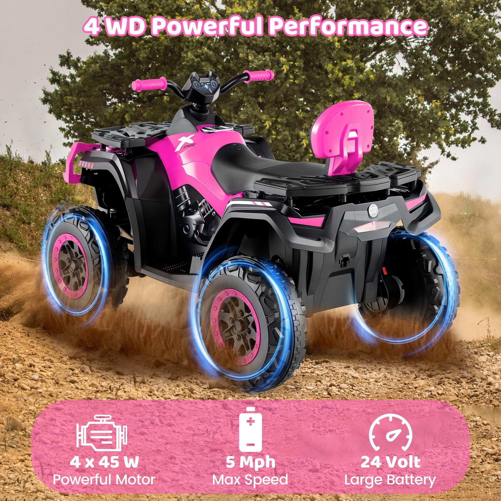 24V 2 Seater Ride on ATV, 4WD Motor, 5Mph Max Speed, Bluetooth, 4 Wheeler Off…