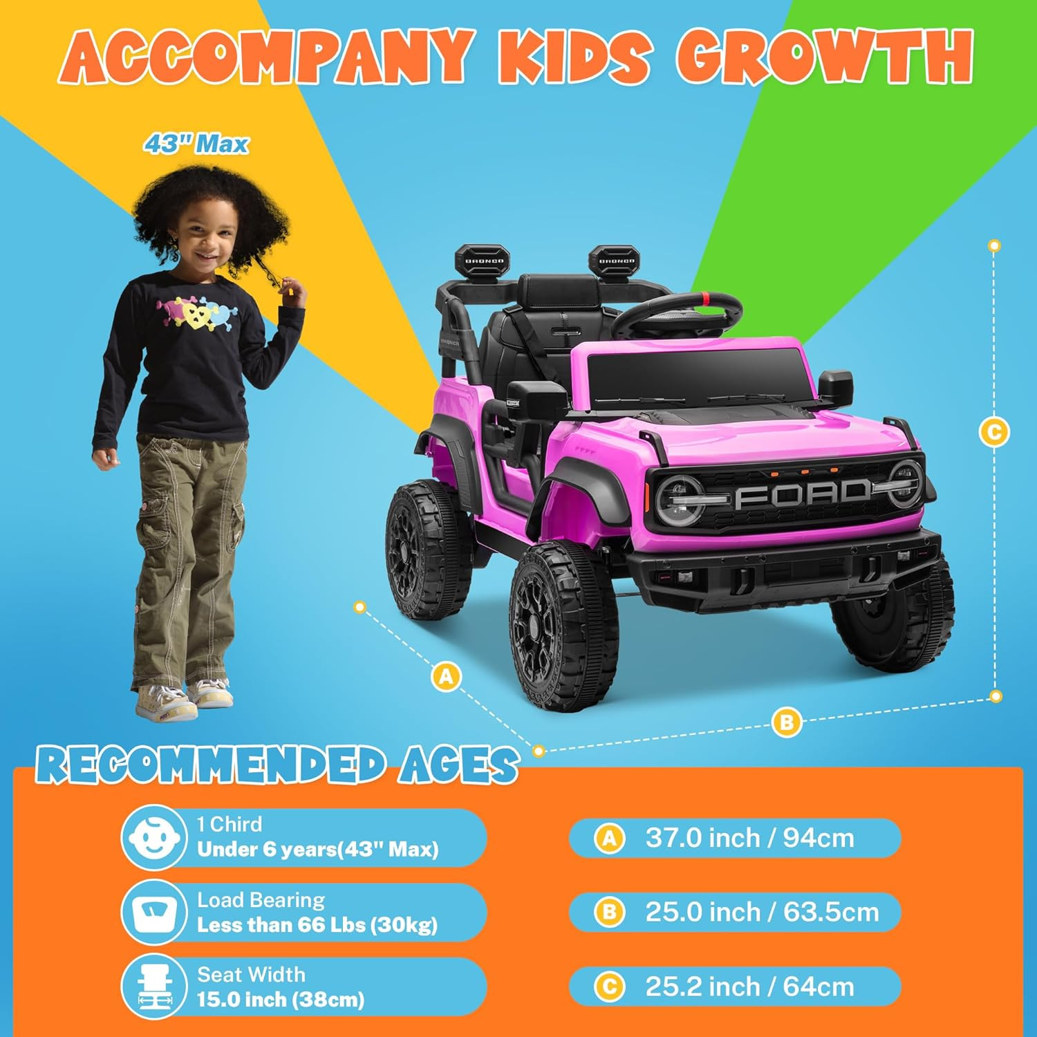 12V Ford Bronco Raptor Ride on Car for Kids, Electric Power Car Ride-On Toy for