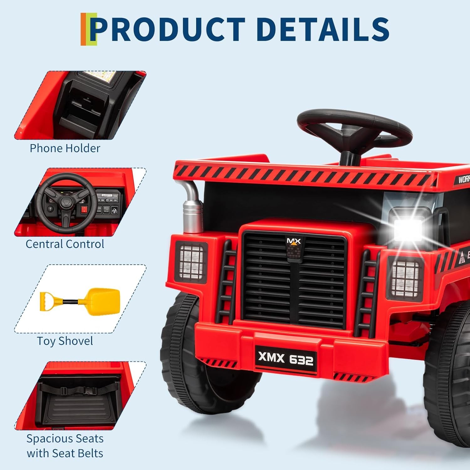 12V Ride On Dump Truck w/ Remote, Auto-Dump Bed, Shovel & Music for Kids 3-8