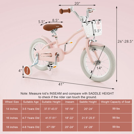 14 Inch Kid’s Bike with Removable Training Wheels and Basket-Pink – Color: Pink