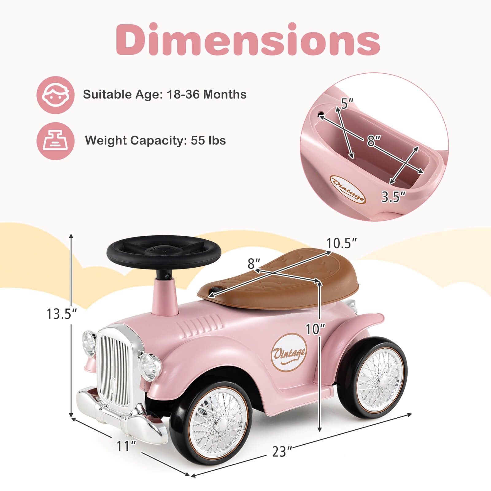 Retro Kids Ride-on Toy Kids Sit to Stand Vehicle with Working Steering Wheel